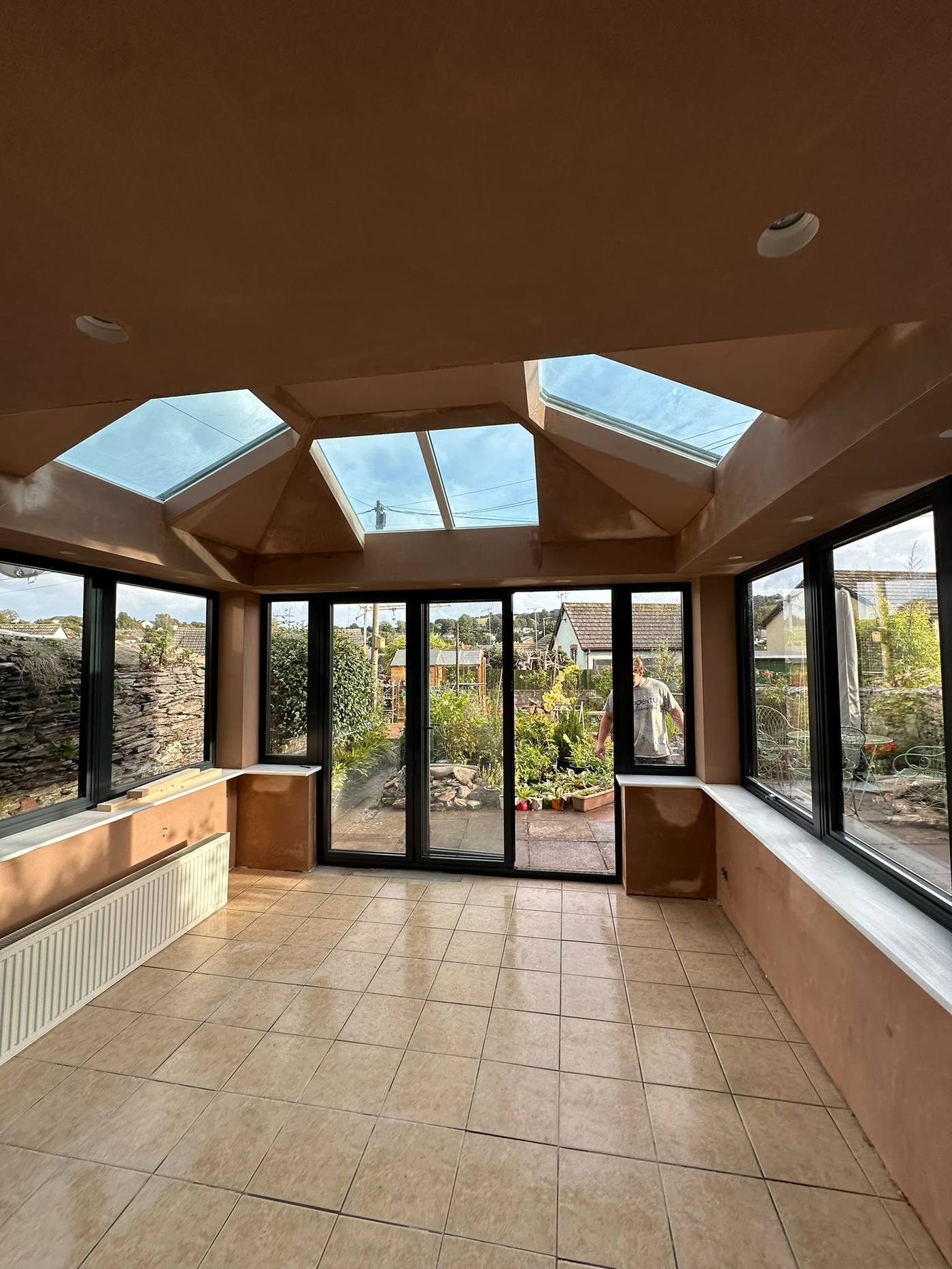 Conservatory roof panels boarded ready for skimming